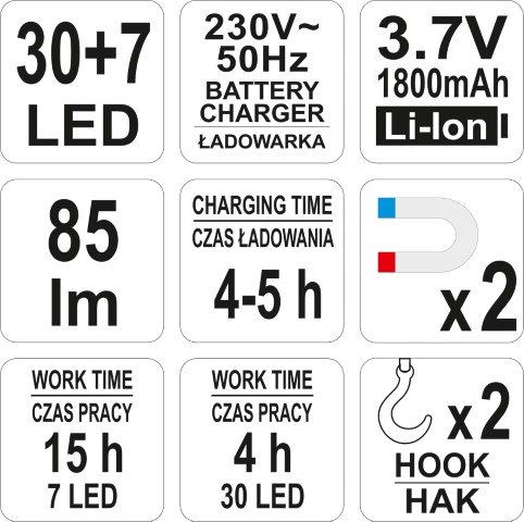 LAMPA WARSZTATOWA 30+7 LED AKUMULATOR/UC